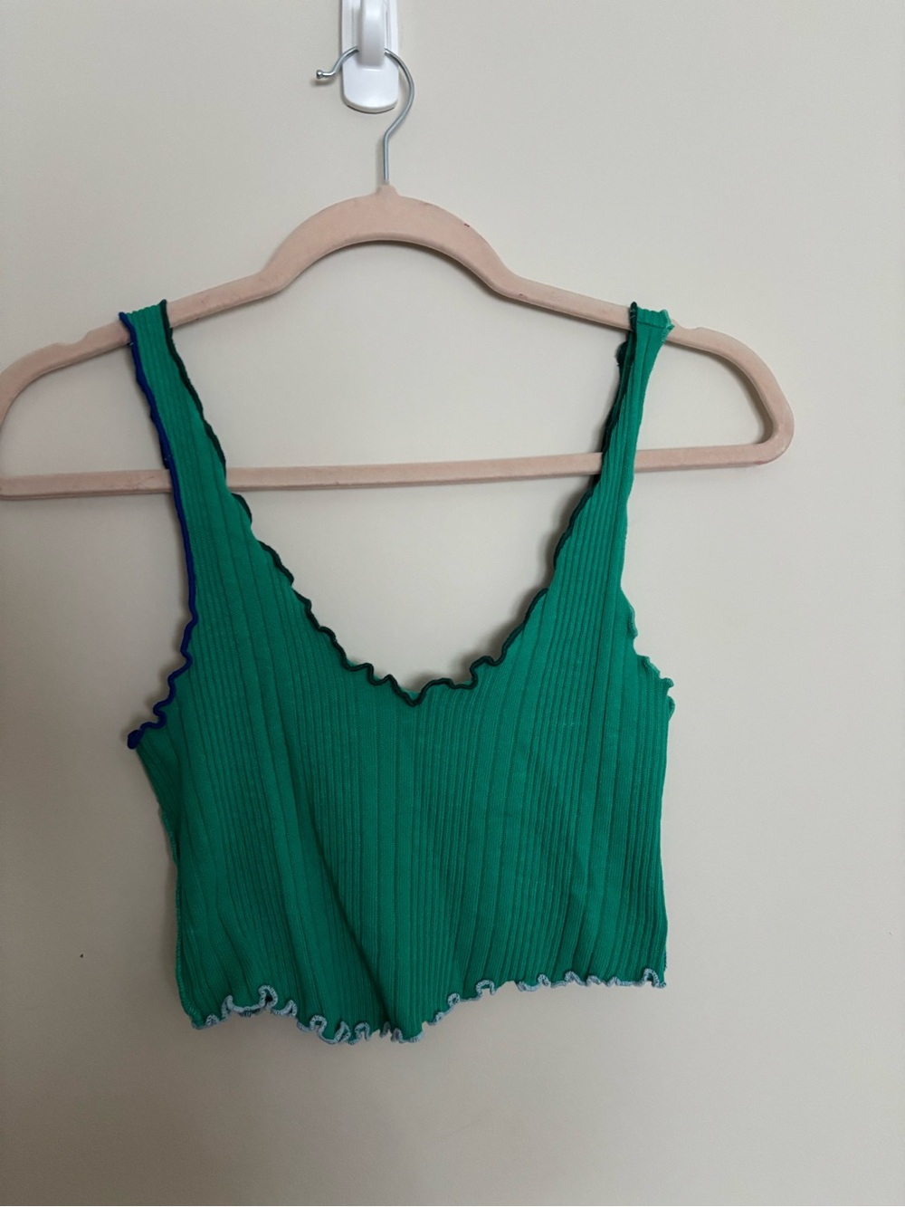 BDG Green Ribbed Lettuce-Edge Crop Tank with Contrast Trim